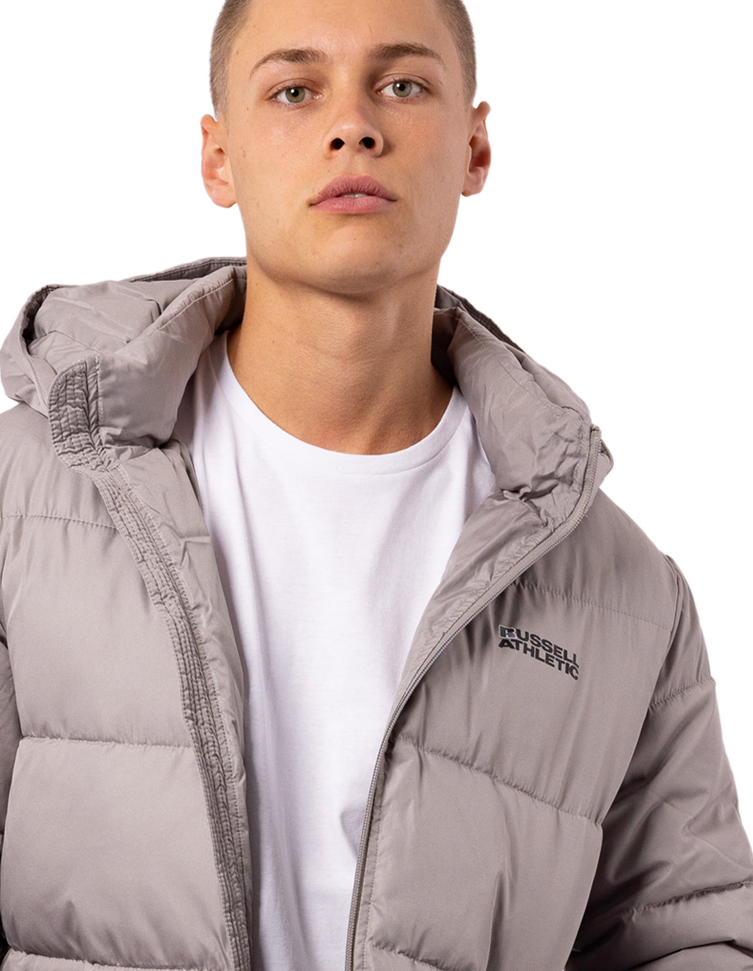 Geaca Puffer Russell Athletic Hamptonin Timber Barbati Gri Deschis Maro | 65831-HMUN