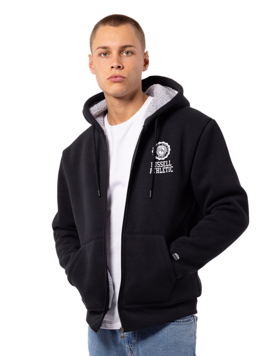 Geaca Russell Athletic Collegiate Sherpa Barbati Negrii | 60173-RLAT