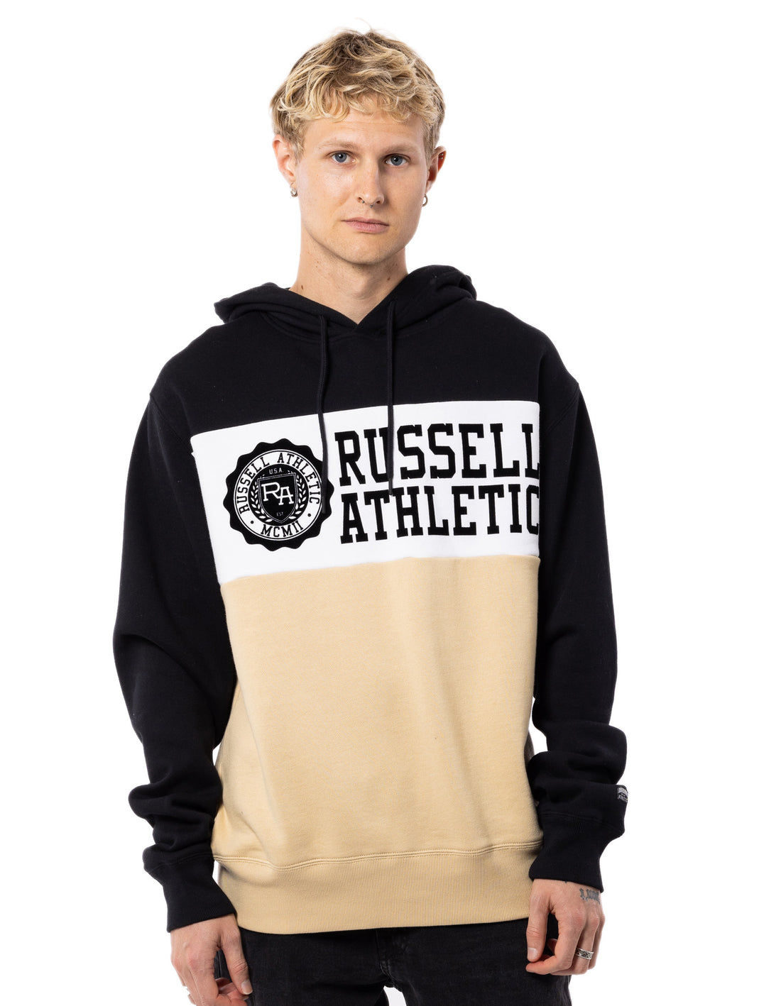 Hanorac cu Gluga Russell Athletic Carter Barbati Bej Negrii | 90582-IEMW