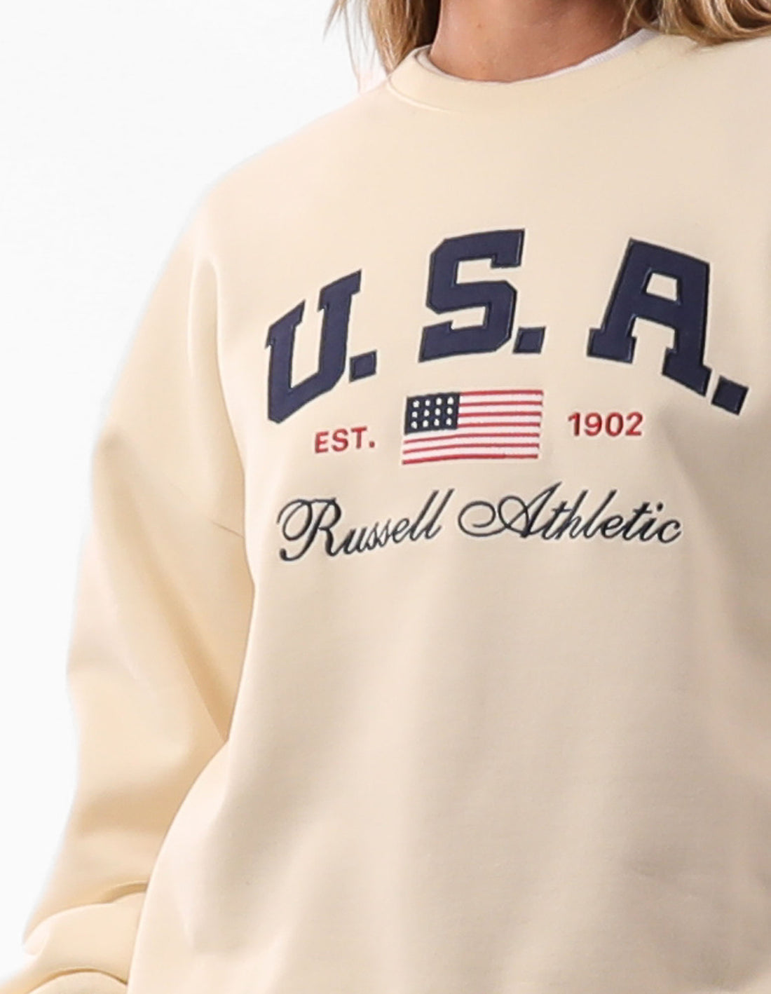 Pulovere Cu Decolteu Russell Athletic 1902 Oversized Dama Bej | 72913-WZLJ