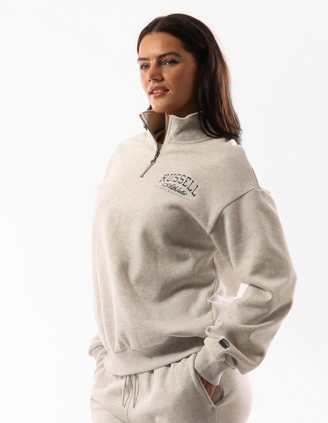 Pulovere Cu Decolteu Russell Athletic Tribecca Oversized 1/4 Zip Dama Bej | 74138-CYXW